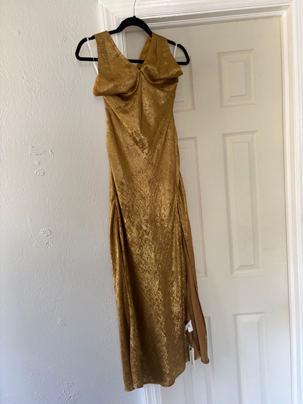 Gold Satin Evening Dress with Sculpted Neckline